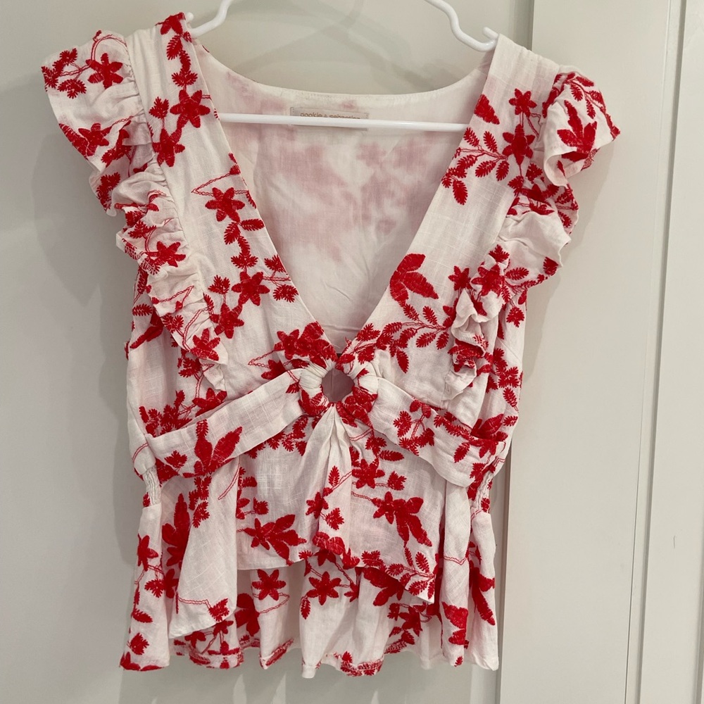 Pookie and Sebastian red and white cap sleeved blouse.